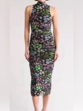 AFRM Black Midi Halter Dress with Green & Pink Floral Print